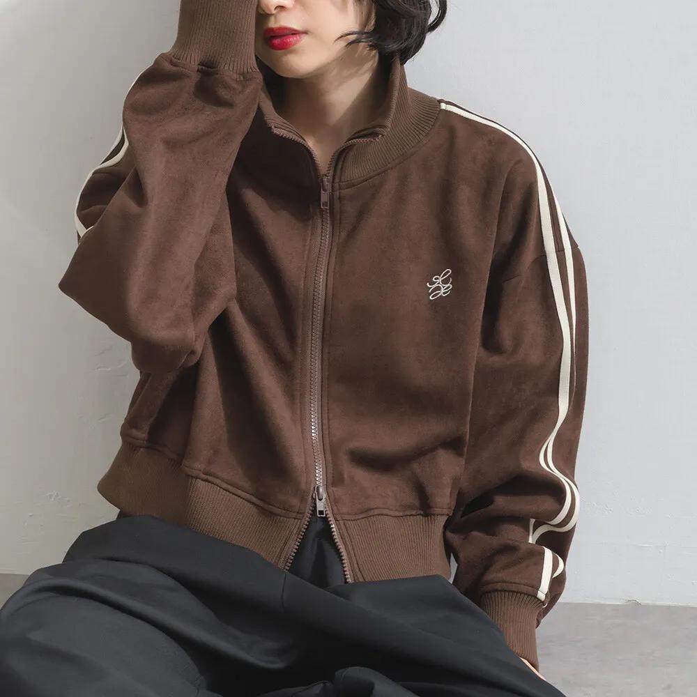 D16024日单新款螺纹领双头拉链宽松显瘦女休闲短款刺绣麂皮绒外套