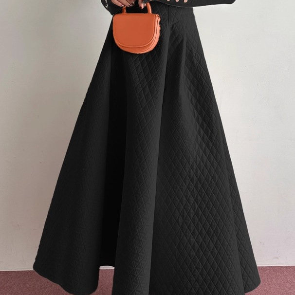 D05044日单GL秋冬新款拉链松紧高腰A字女菱形格子加厚长款半身裙