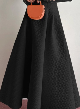 D05044日单GL秋冬新款拉链松紧高腰A字女菱形格子加厚长款半身裙