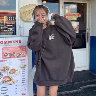 D07065日单秋冬款GL客供料螺纹圆领宽松显瘦女休闲薄绒印花卫衣