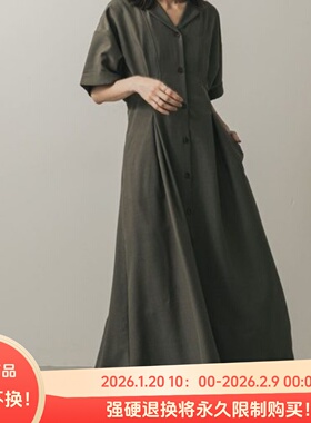 B050103日单夏新款西装领单排扣松紧腰显瘦女通勤气质短袖连衣裙