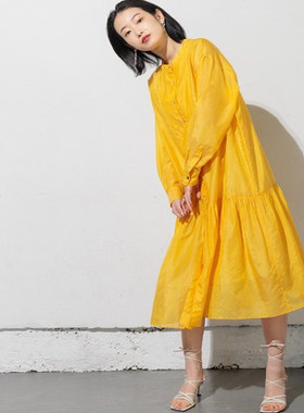 D07038日单新款客供料贵牌1.32W圆领单排扣宽松女气质薄款连衣裙