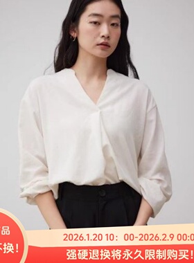 B05096日单新款客供料V领套头宽松女简洁气质通勤后褶皱长袖衬衫