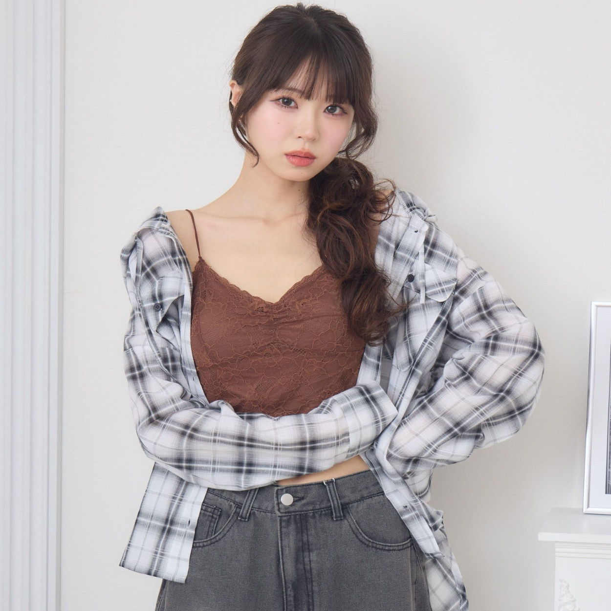 C01041日单新款客供单排扣宽松显瘦好搭配女纯棉格子连帽休闲衬衫