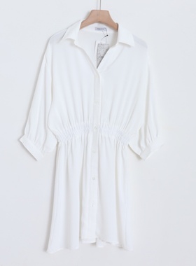 D12012日单客供料V领单排扣松紧腰微宽松女通勤气质衬衫连衣裙