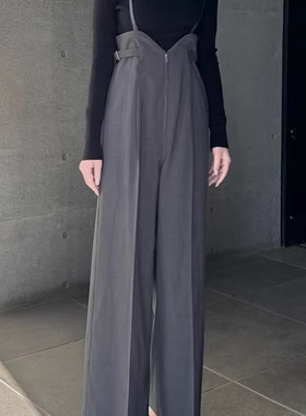 D12026日单新款客供料前拉链松紧腰长裤女气质可脱卸背带阔腿裤