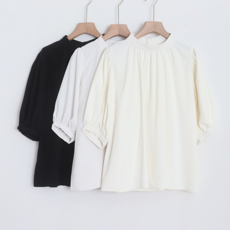 D15023日单客供料简洁后纽扣立领套头宽松显瘦女气质通勤短袖衬衫