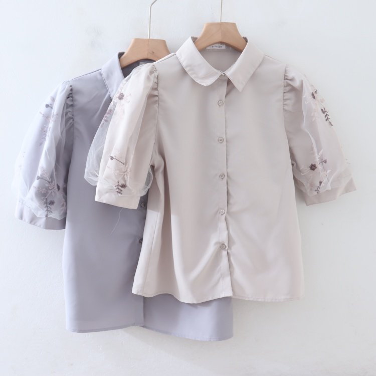 P090105日单新款客供料单排扣微宽松显瘦女气质纯色短袖刺绣衬衫