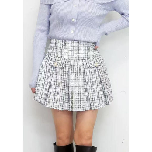 A030126日单新款客供后松紧高腰A字短裙女小香风气质粗花呢半身裙