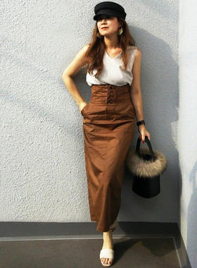 B07095日单秋新款客供料隐形拉链松紧高腰显瘦女气质绑带半身裙