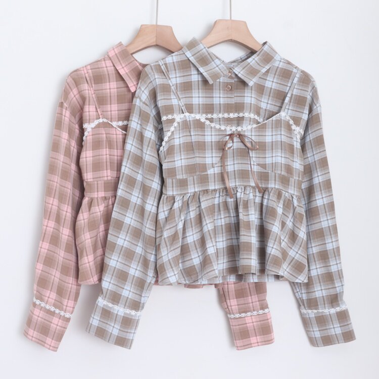 D22093日单新款排扣甜美日系短款衬衫+可调节弹力松紧吊带两件套