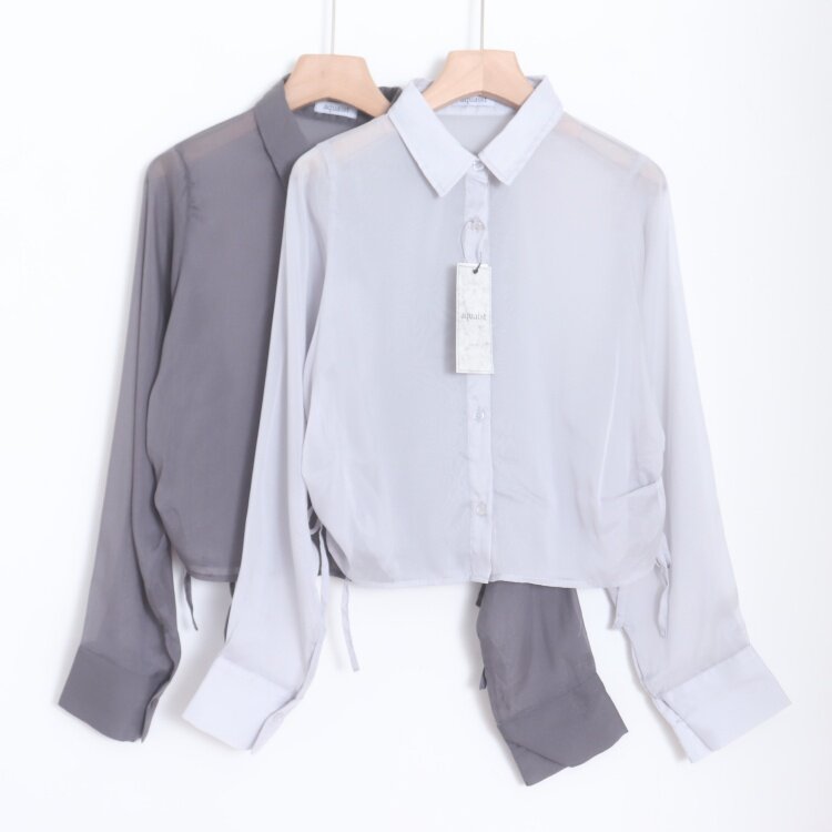 D21023日单春夏款单排扣宽松女气质纯色透视下摆抽绳系带长袖衬衫