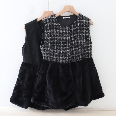 B06059日单秋新款按扣圆领微宽松显瘦女气质粗花呢拼接毛毛马夹