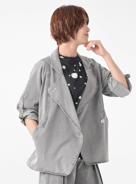 D07082日单1W+日元新款客供料宽松女休闲水洗牛仔袖可挽西装外套