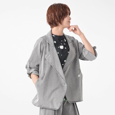 D07082日单1W+日元新款客供料宽松女休闲水洗牛仔袖可挽西装外套