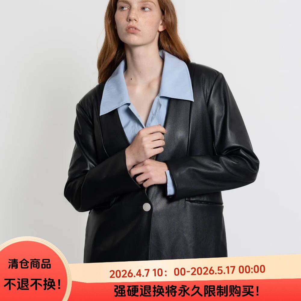 D07064日单新款1.76W客供料V领单粒扣微宽松女气质软PU皮西装外套