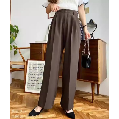 D15036日单客供料挂扣后松紧高腰显瘦女纯色简洁通勤气质直筒裤