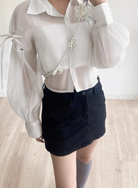 D11029日单客供料GL单排扣宽松女甜美轻薄露肩袖系带蝴蝶结短衬衫