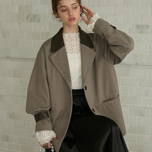 D05074日单新款客供料PU皮领两粒扣宽松女中长款气质休闲西装外套