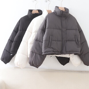 C12051日单冬季新款按扣立领宽松保暖女通勤休闲下摆抽绳短款棉服