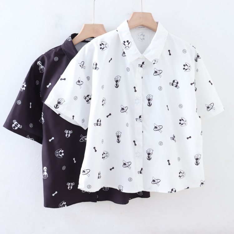 A04097日单夏新款客供料单排扣宽松好搭配女印花气质休闲短袖衬衫