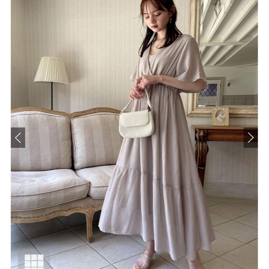 P050116日单新款客供料GL系带V领松紧腰长裙女甜美短袖质连衣裙