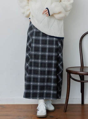 D05042日单新款客供料后松紧高腰显瘦A字裙女文艺格子长款半身裙