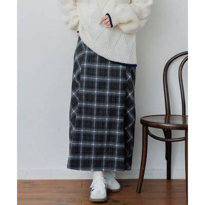 D05042日单新款客供料后松紧高腰显瘦A字裙女文艺格子长款半身裙