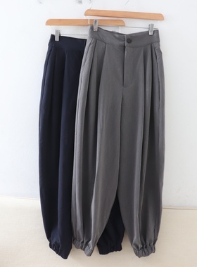 B06050日单小松本新款客供料高腰微宽松气质长裤女松紧裤脚哈伦裤