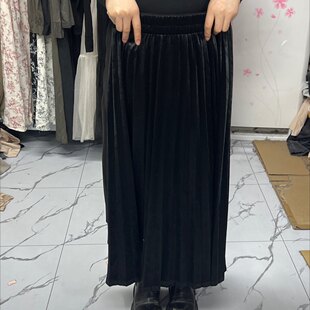 110腰围 392 黑色丝绒百褶半身裙 86长 L码