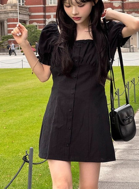 D03076日单客供GL方领微宽松显瘦女纯棉刺绣花边甜美泡泡袖连衣裙