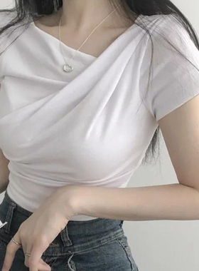 D090114日单新款GL褶皱领套头修身显瘦女纯色甜美气质短款棉质T恤