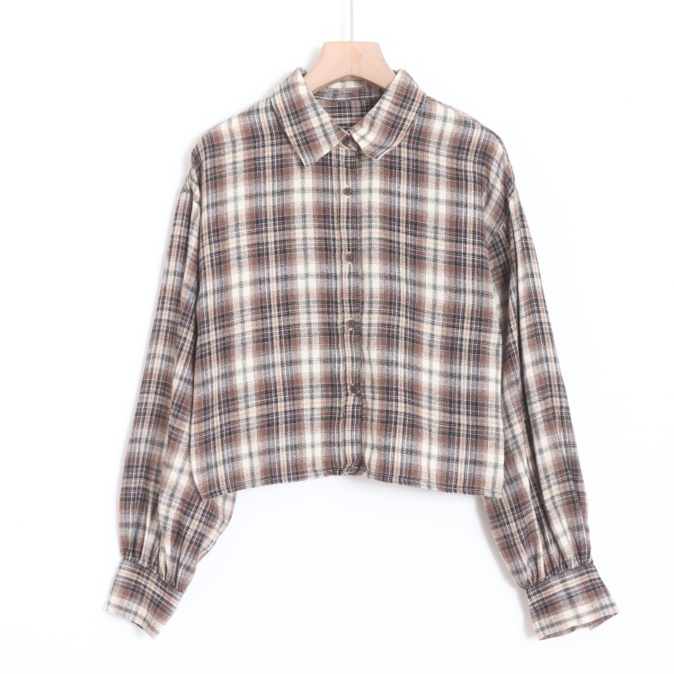 D06069日单客供料单排扣宽松气质通勤女简洁休闲格子短款长袖衬衫