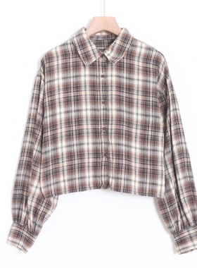 D06069日单客供料单排扣宽松气质通勤女简洁休闲格子短款长袖衬衫