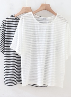 C06065日单夏季新款客供料圆领套头宽松好搭配女条纹休闲短袖T恤