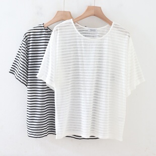 T恤 客供料圆领套头宽松好搭配女条纹休闲短袖 C06065日单夏季 新款