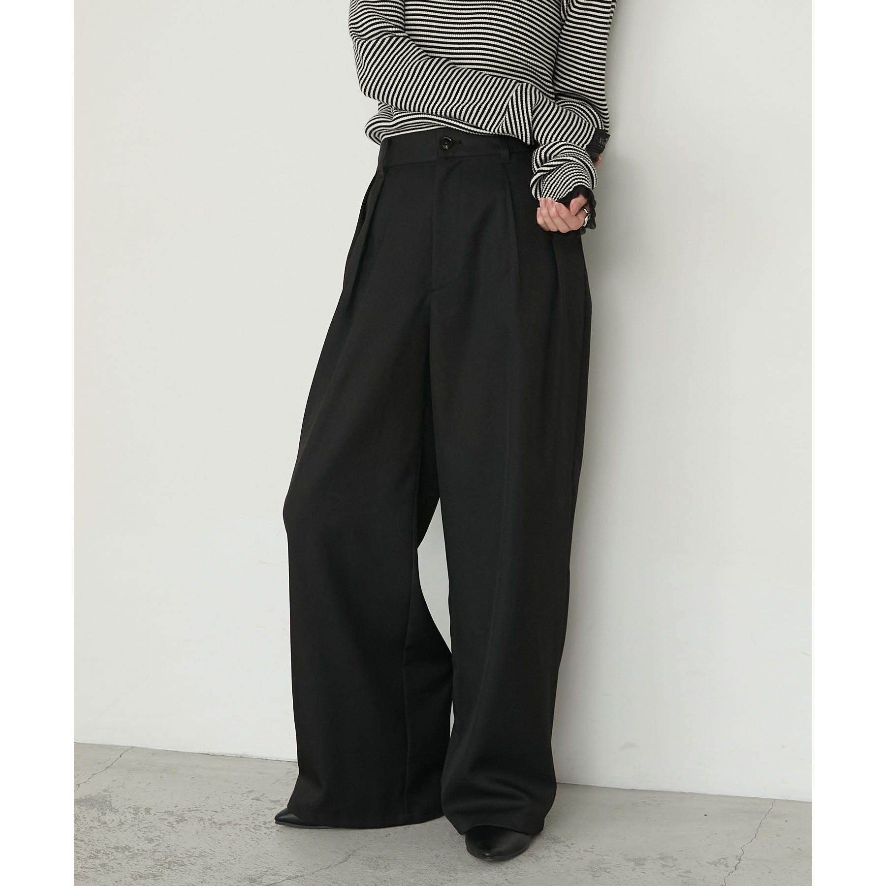 D17099日单新款客供料纽扣松紧高腰显瘦长裤女纯色气质通勤阔腿裤