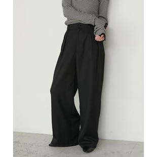 女纯色气质通勤阔腿裤 D17099日单新款 客供料纽扣松紧高腰显瘦长裤