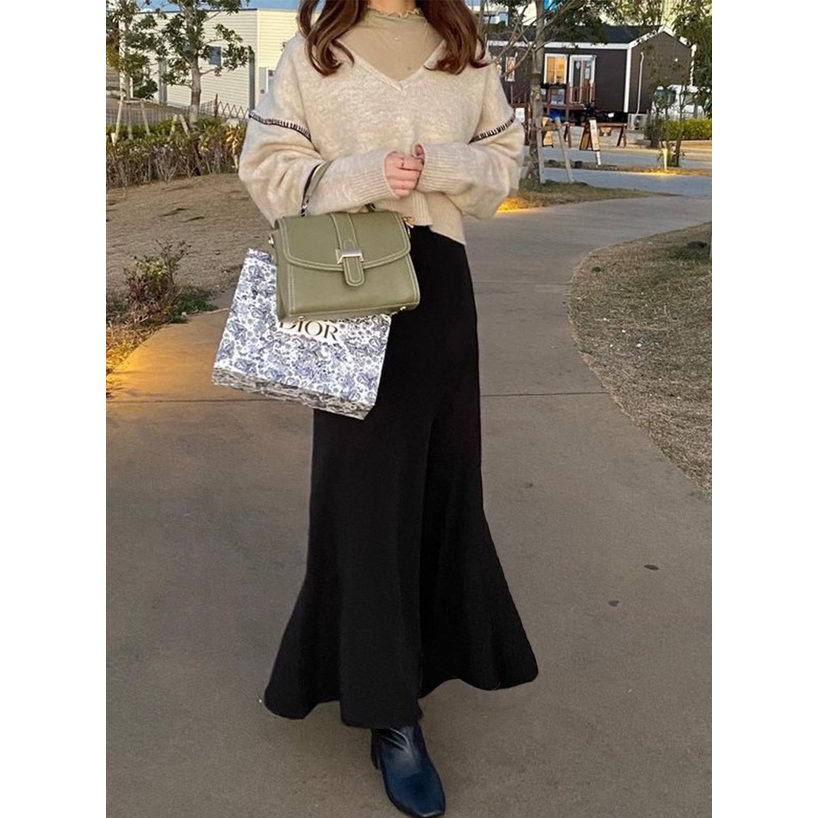 D23037日单26新款GL隐形拉链松紧高腰显瘦A字裙女气质长款半身裙