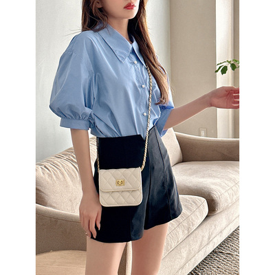 A06050日单夏新款GL单排珍珠扣宽松显瘦女甜美日系后绑带短袖衬衫