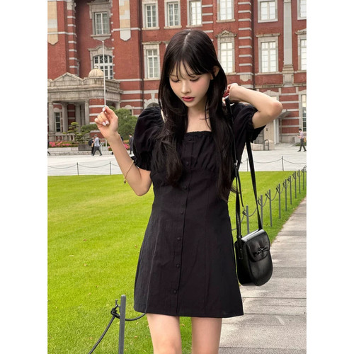 A02081日单客供料GL方领显瘦女纯棉刺绣花边甜美日系泡泡袖连衣裙