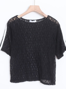 D09009日单客供料圆领有弹性显瘦好搭配女纯色透视短袖蕾丝衬衫