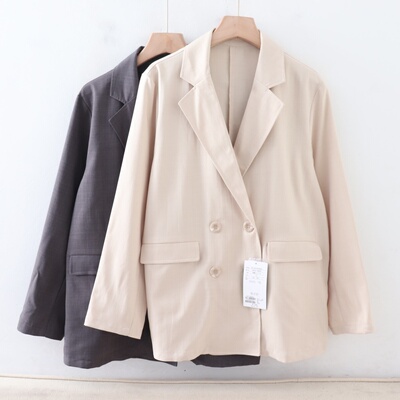 A040130日单新款客供料双排扣宽松仿麻料女休闲通勤气质西装外套