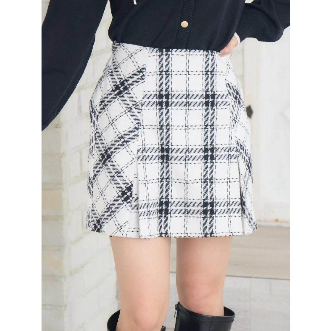 D09043日单新款隐形拉链松紧高腰显瘦A字短裙女气质粗花呢半身裙