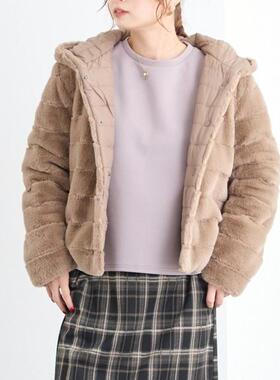 C09076日单秋冬款客供按扣拉链宽松加厚保暖女纯色两面穿连帽棉服