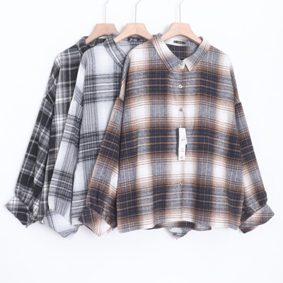 D09089日单新款单排扣宽松好搭配女简洁通勤休闲磨毛格子长袖衬衫