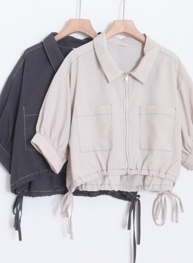 D11005日单新款双头拉链宽松休闲下摆抽绳系带女纯色大码短袖衬衫