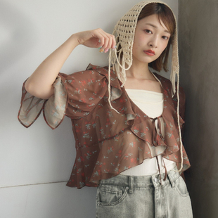 B070112日单夏季新款客供料系带荷叶边女甜美气质碎花喇叭袖衬衫