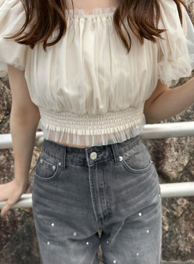 D080117日单新款GL松紧一字领套头显瘦女甜美日系短款网纱衬衫