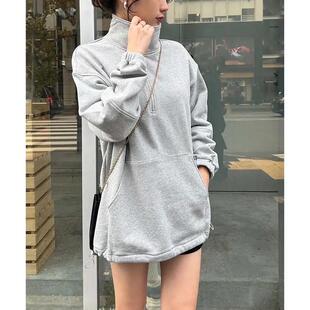 D07085日单NC客供料门襟拉链套头宽松休闲下摆可收中长纯棉卫衣